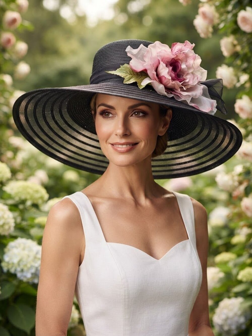 Hat-A-Tude Wide Brim Sun Hat Pink Floral Organza Kentucky Derby Tea Party